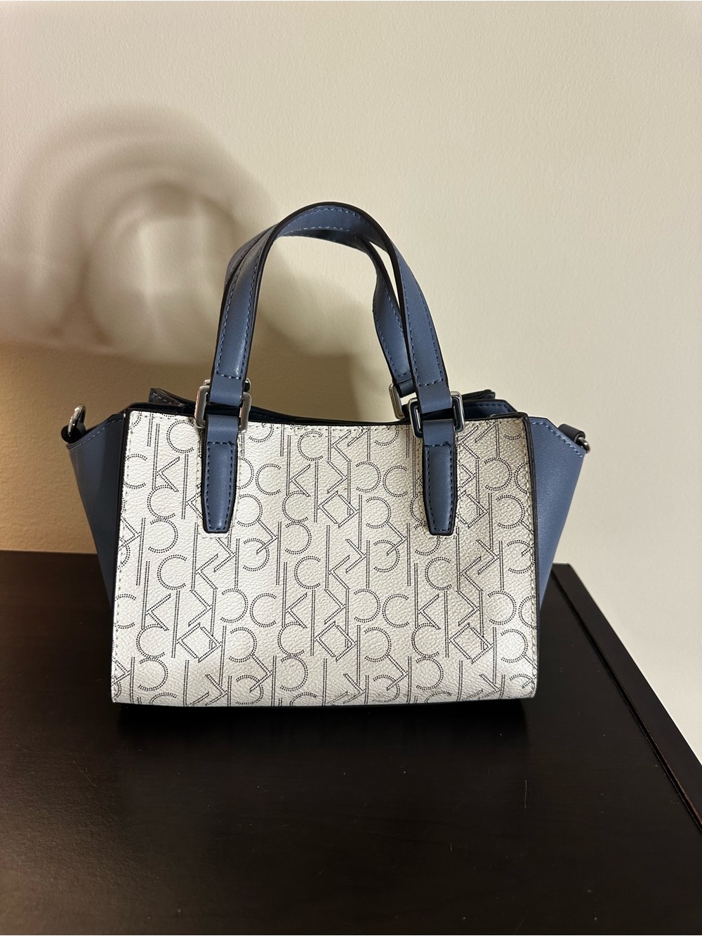 Calvin Klein Gray Logo Satchel with Blue Trim